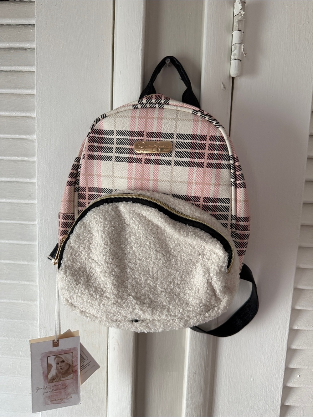 Jessica Simpson Pink and Black Plaid Sherpa Mini Backpack